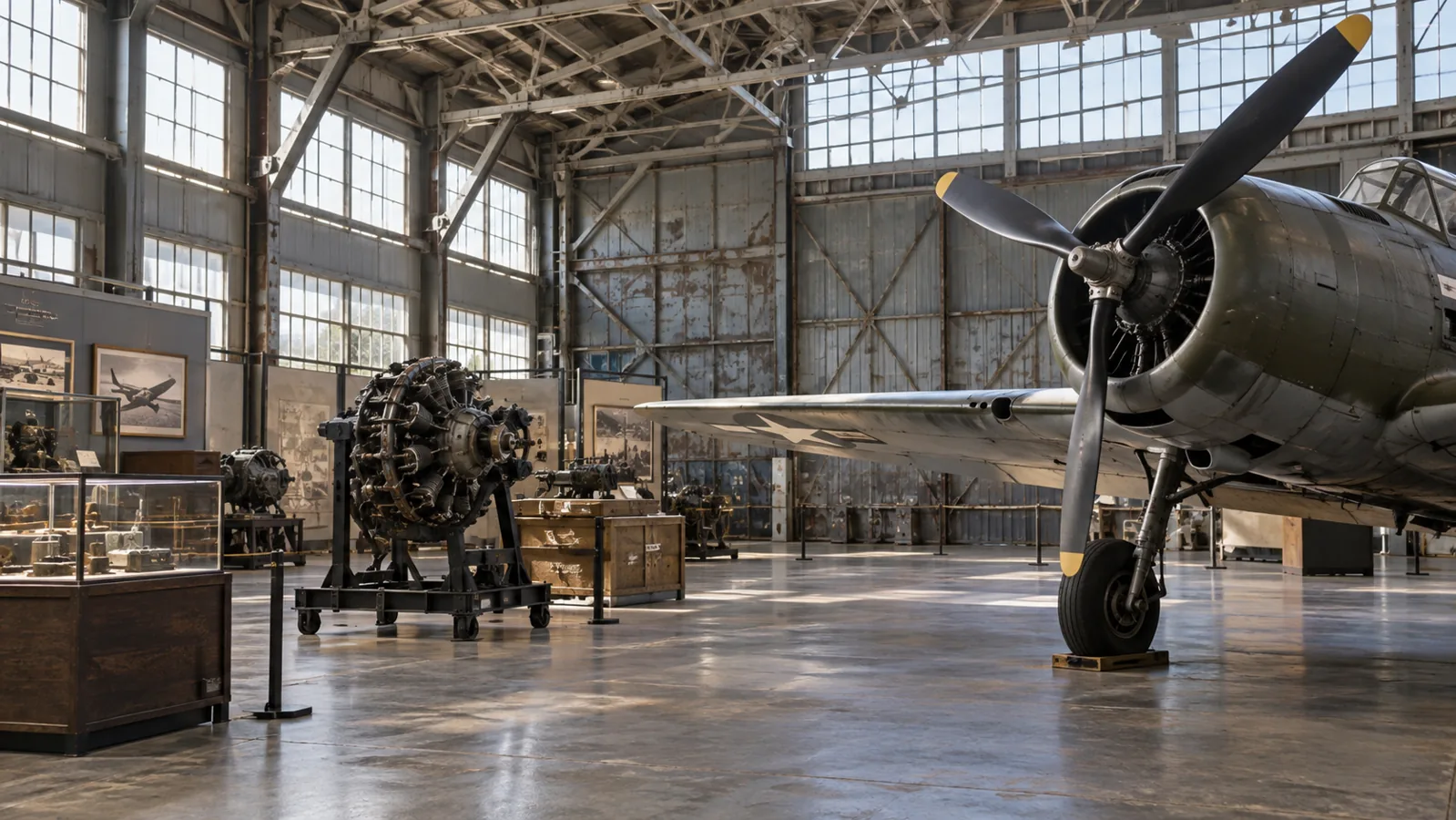 Original photoreal rendering of a historic aviation hangar with a vintage aircraft