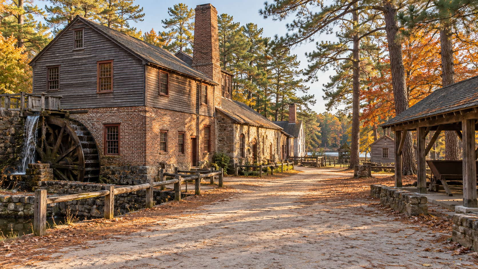 Original rendering inspired by a historic Pine Barrens village with a mill and sandy lane