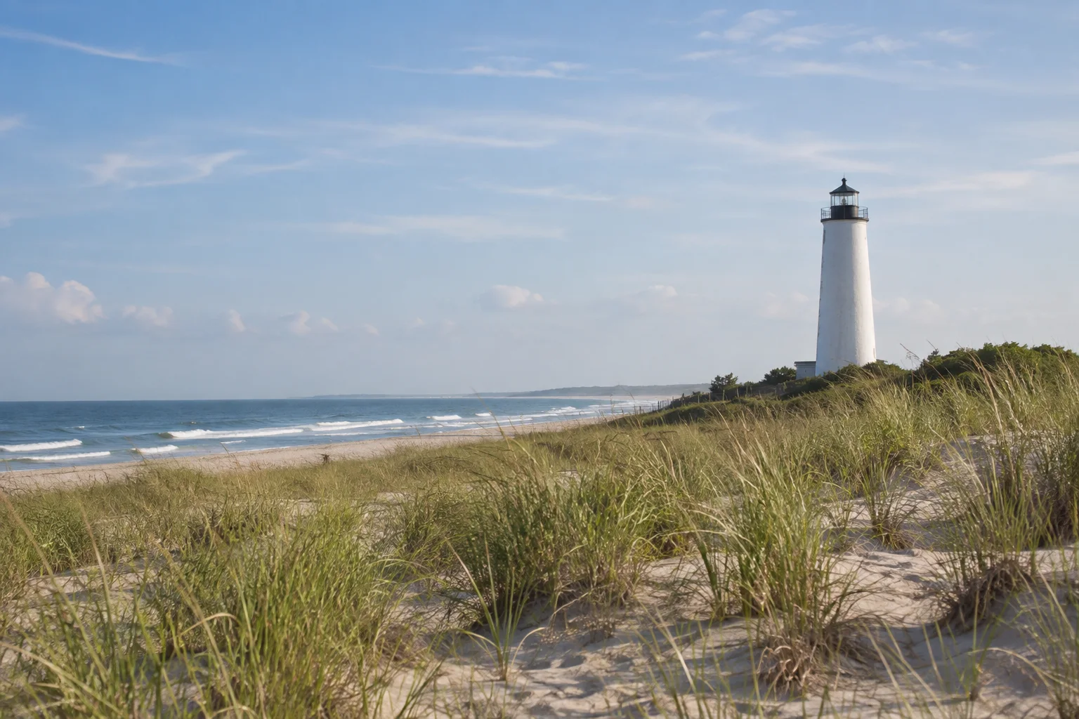 Original photo-real rendering of a white lighthouse beyond South Jersey dunes