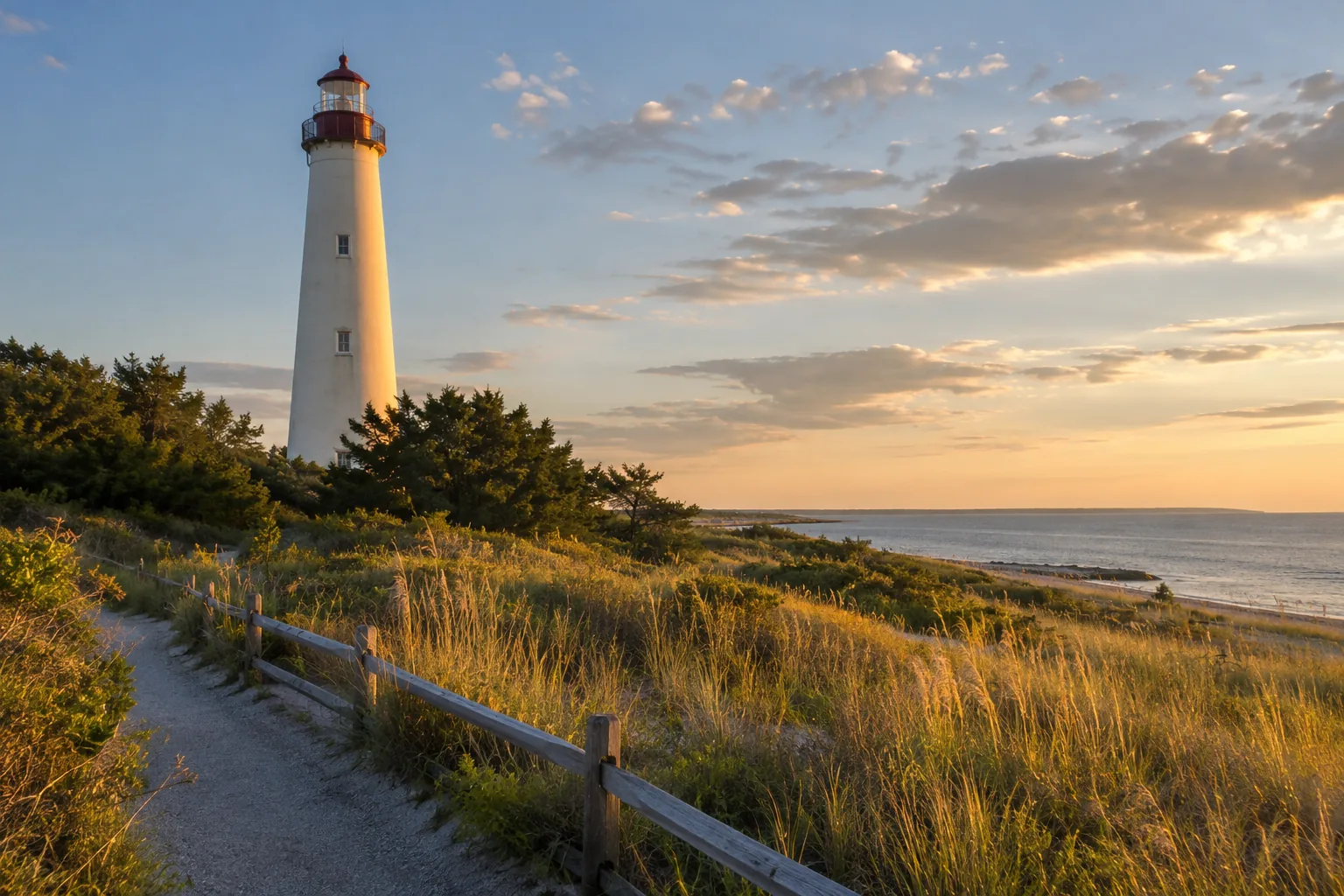 Original rendering inspired by a Cape May Point coastal lighthouse beside dunes at sunset