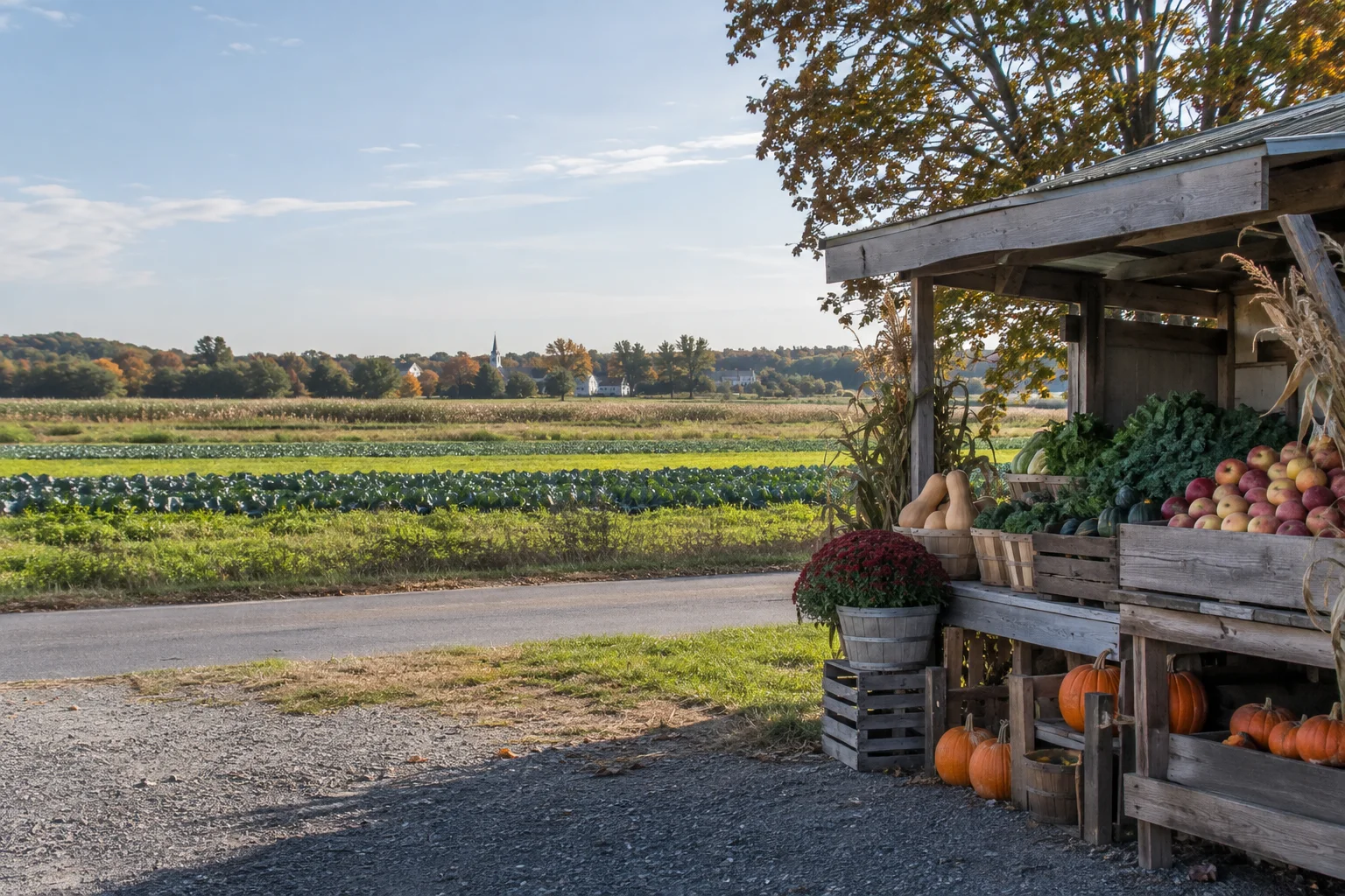 Original photo-real rendering of a South Jersey farm stand beside autumn fields