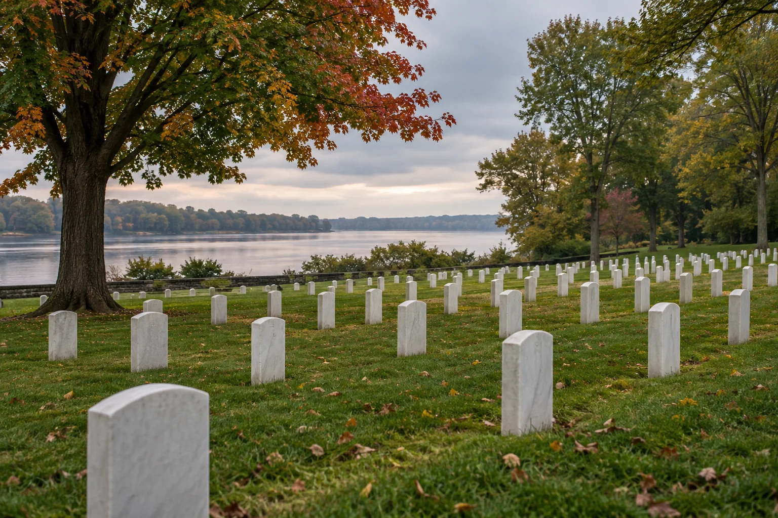 Original photoreal conceptual rendering of a quiet tree-lined veterans cemetery in South Jersey