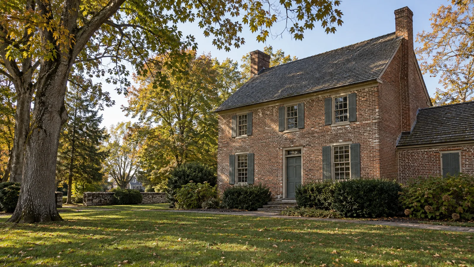 Original photoreal rendering of a historic brick house under autumn trees in South Jersey