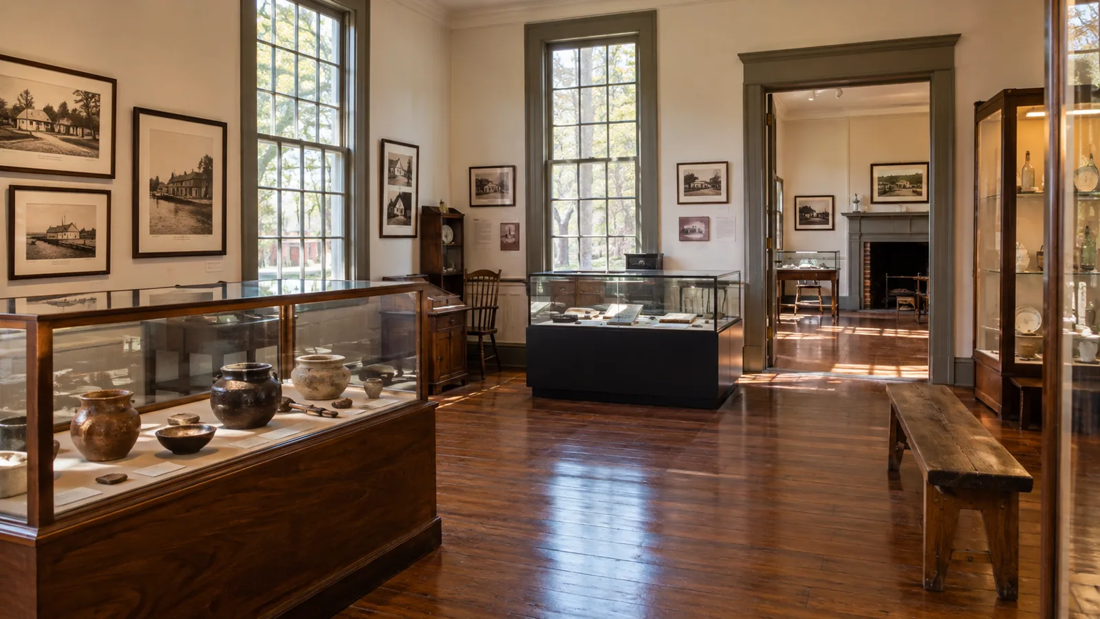 Original photoreal rendering of a small South Jersey history museum gallery