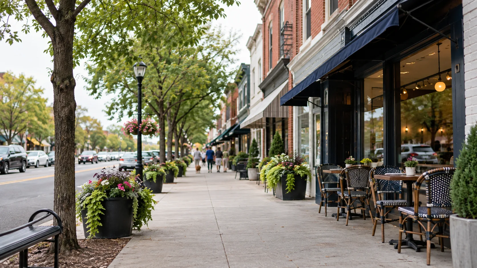 Original photo-real rendering of a walkable South Jersey main street with shops and cafe seating