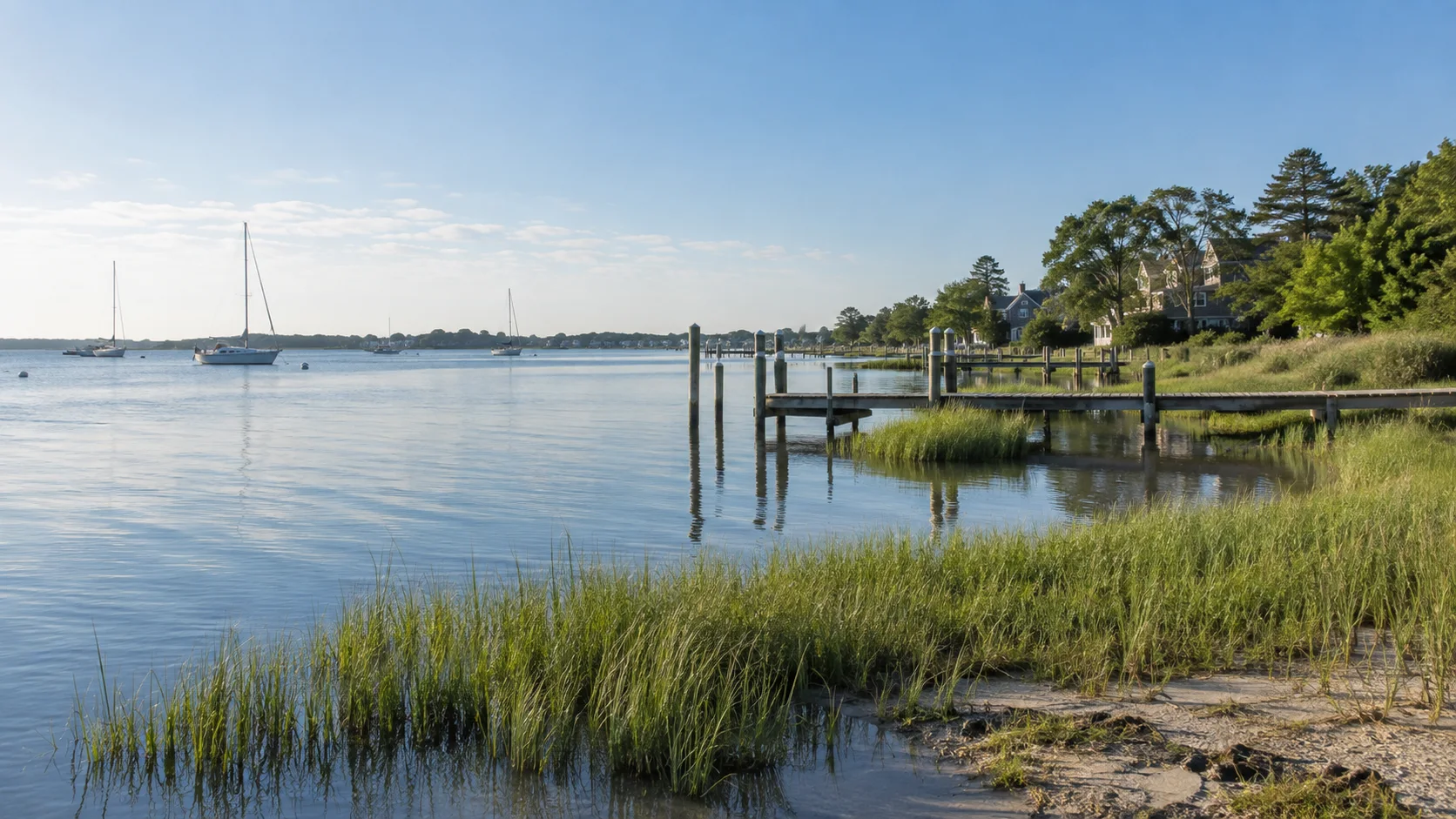 Original photo-real rendering of a quiet South Jersey bayfront with docks and sailboats