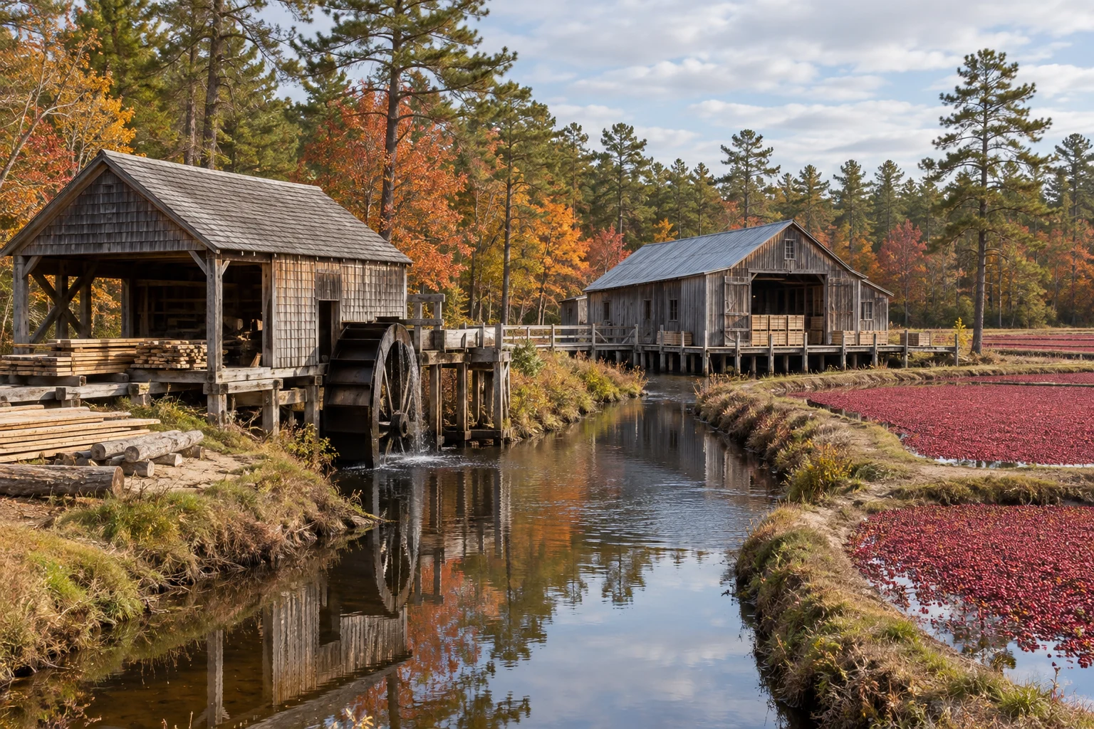 Original photoreal conceptual rendering of a historic sawmill and cranberry village in the South Jersey Pinelands