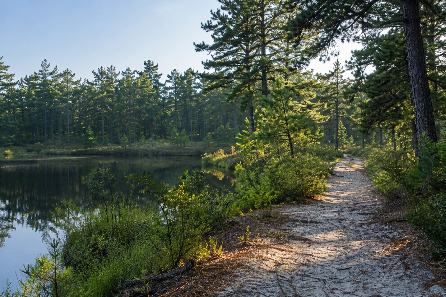 Original photo-real rendering of a pine trail beside still water in the New Jersey Pinelands