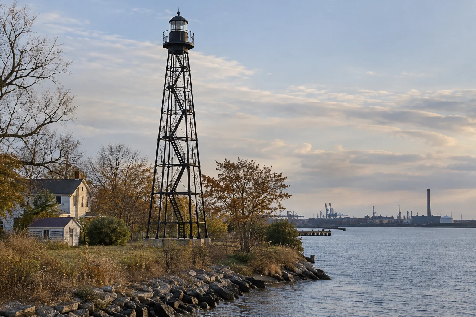 Original photoreal conceptual rendering of a steel skeletal range lighthouse beside a South Jersey river