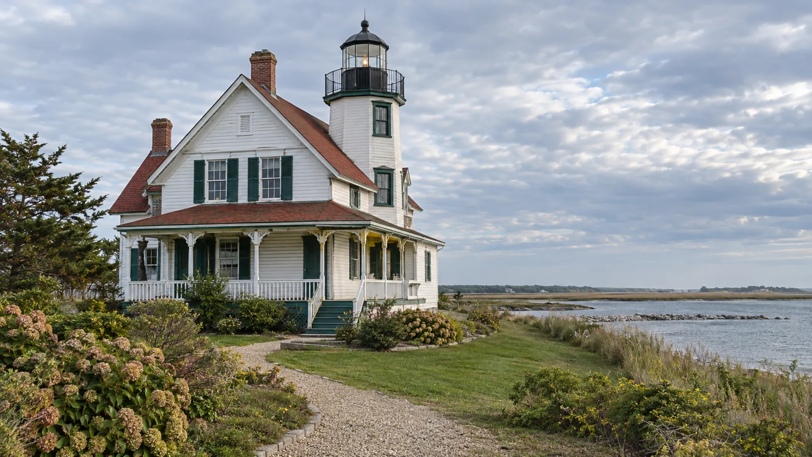 Original photoreal rendering of a residential style lighthouse beside a tidal inlet