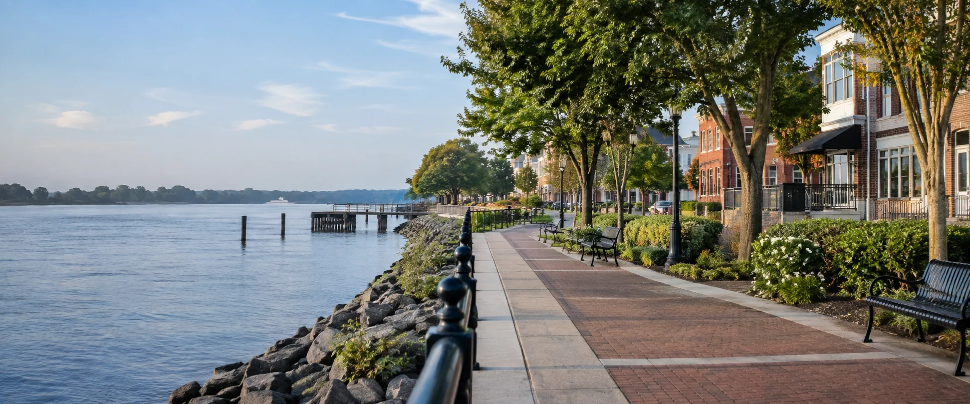Original photo-real rendering of a tree-lined South Jersey riverfront promenade