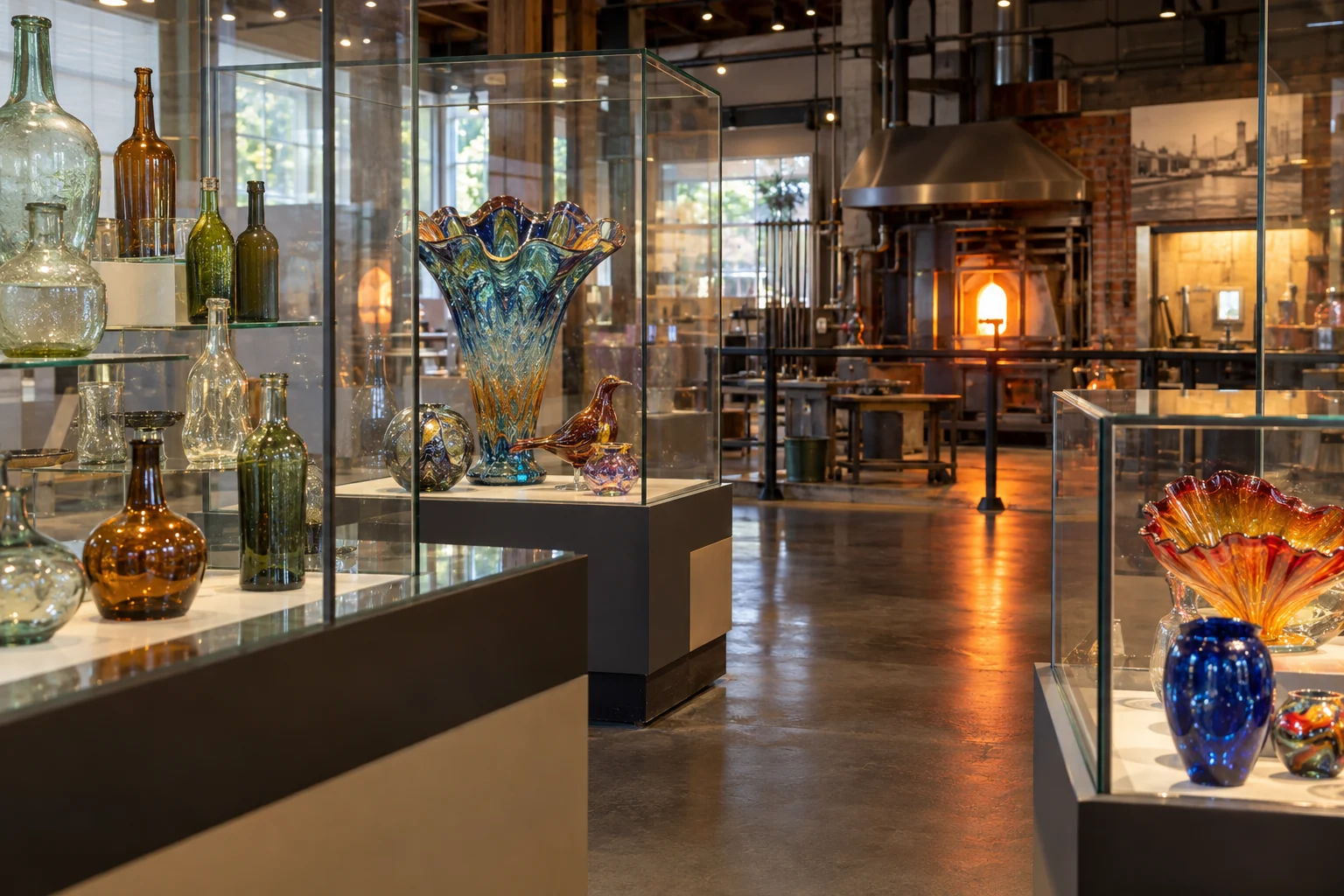 Original photoreal conceptual glass heritage museum gallery with studio furnace