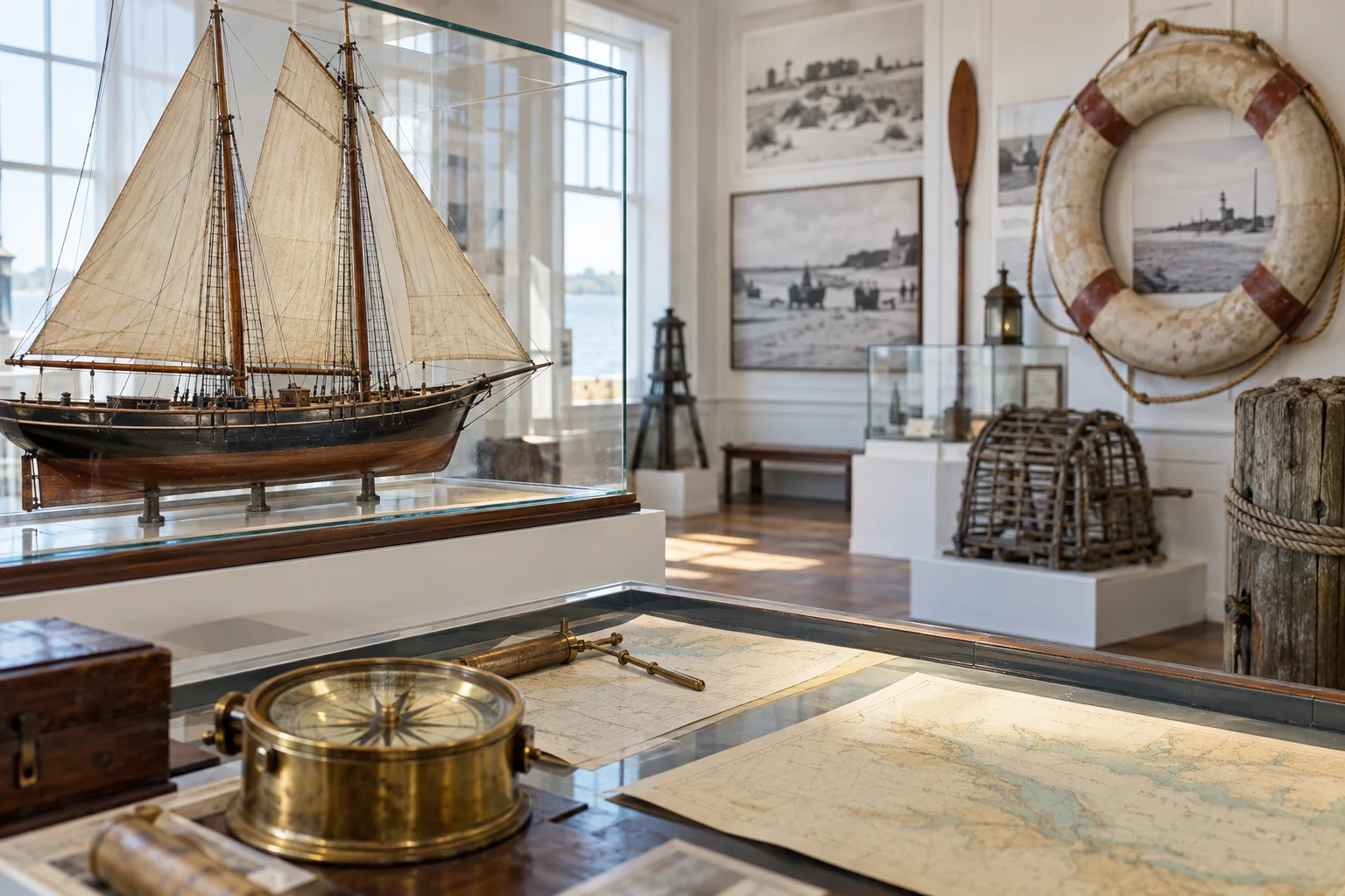 Original photoreal conceptual maritime heritage museum gallery with ship model and compass