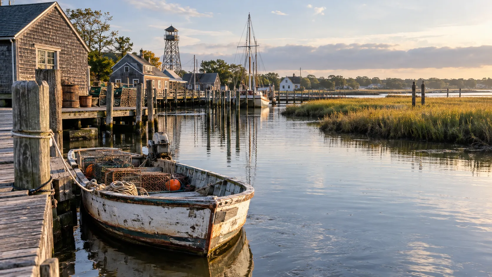 Original conceptual rendering of a baymen workboat and maritime village on a tidal creek