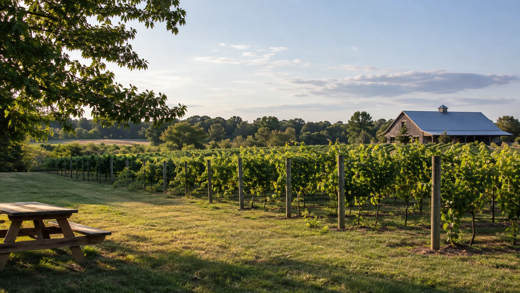 Original photo-real rendering of a South Jersey vineyard with vine rows and a tasting barn